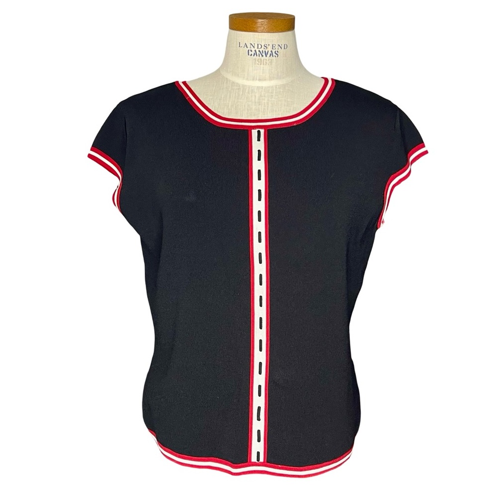 Sonia Cap Sleeve Stretchy Pullover Crew Neck Blouse Black Red White SzXL NWT